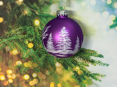 Snow covered trees painted on amethyst purple matte glass ornaments, glass Christmas keepsake ornaments, gift box optional - image1